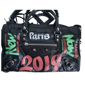 Balenciaga 2019 Small Motocross Classic Graffiti City Bag Black Arena Leather